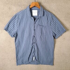Hollister Shirt Mens Large Blue Striped Linen Blend Short Sleeve Button Up